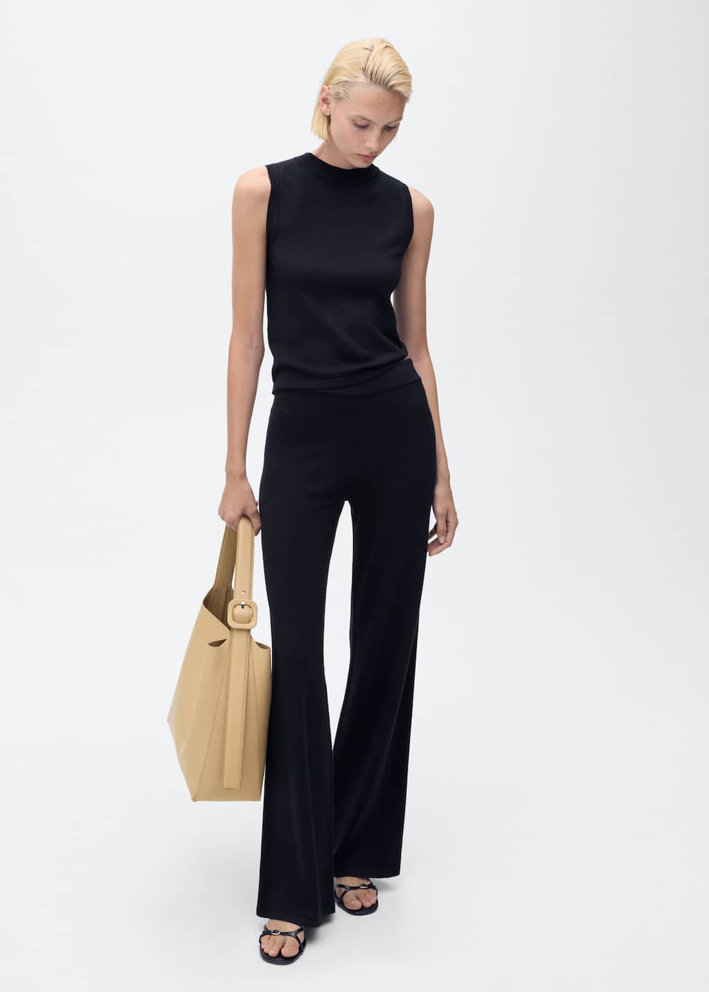 Mango Fine-knit Wideleg Trousers In Black