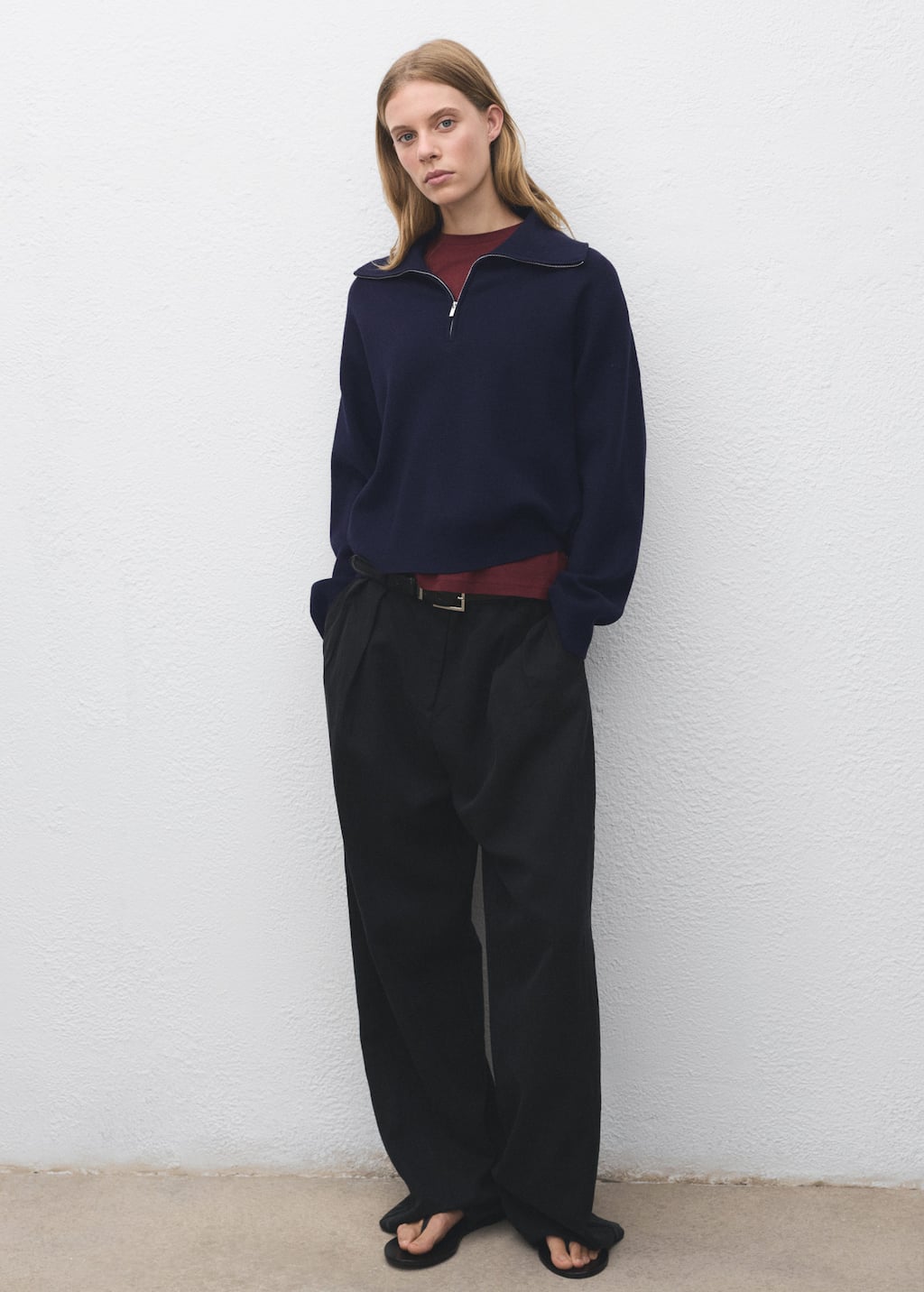 Mango Knitted Sweater With Zip Collar Navy In Blue
