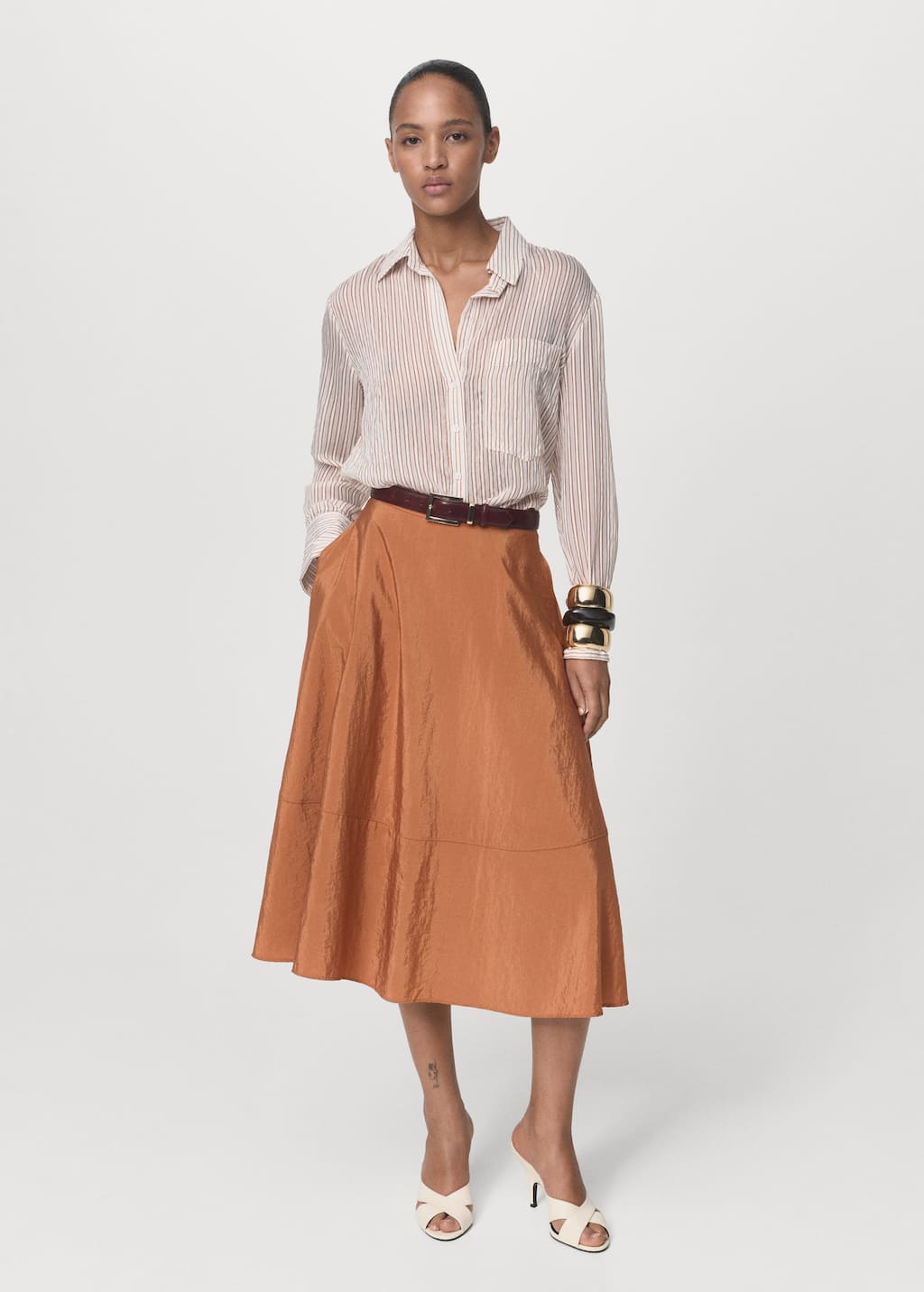 Mango Midi Satin Skirt In Brown