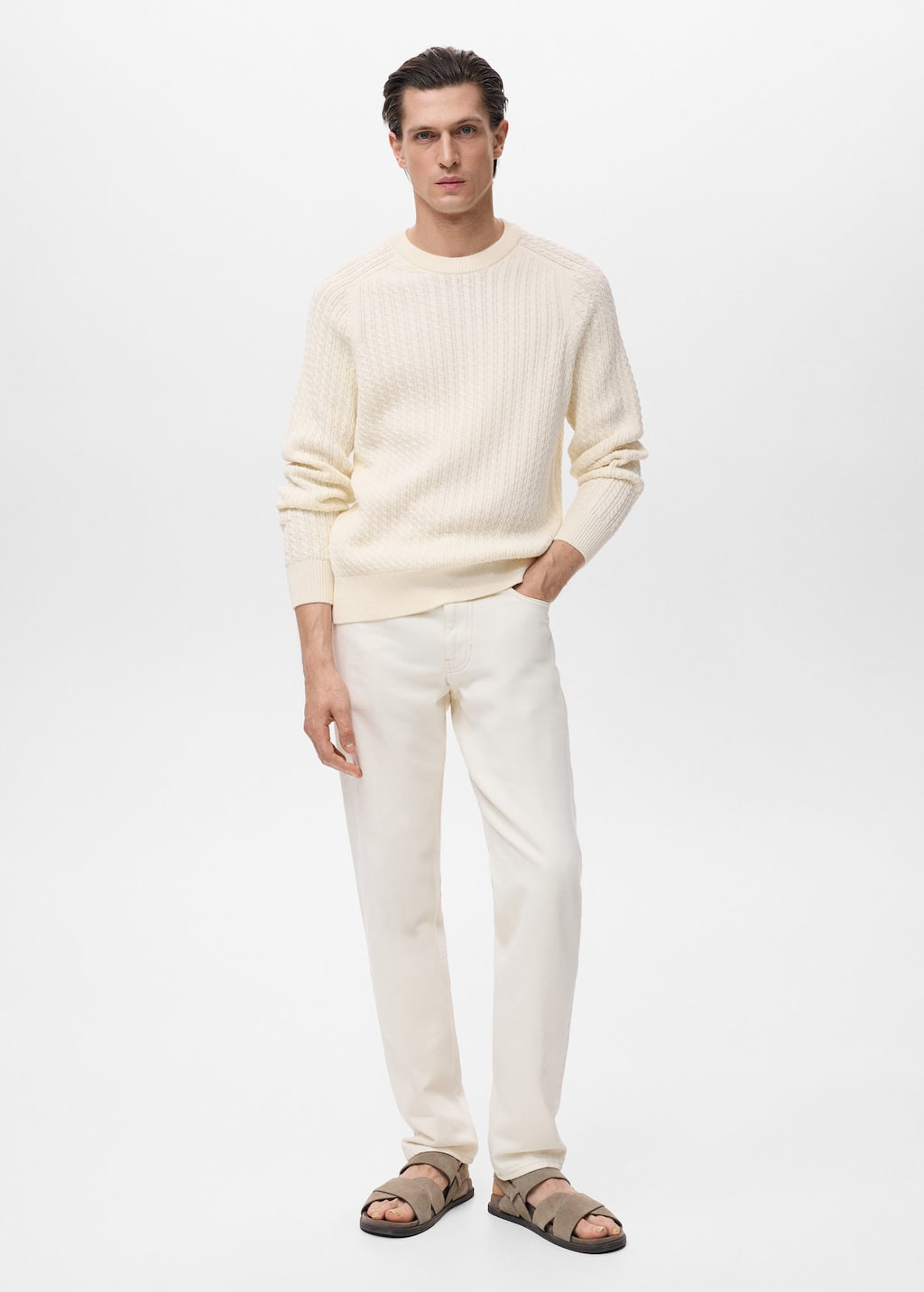 Mango Man Pull 100 % Coton Tressé Blanc Cassé - Homme - S -  In White