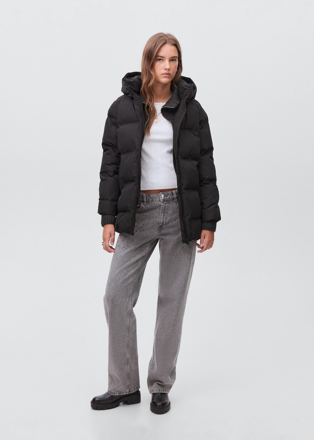 Mango Teen Quilted Long Coat Black