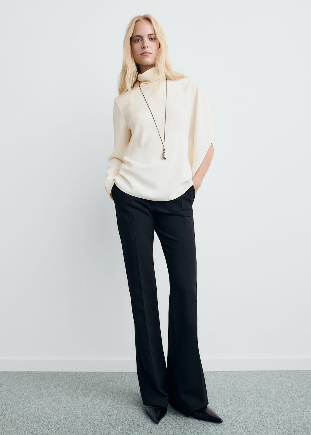 Mango High Neck Blouse With Asymmetrical Sleeves Off White In Multi