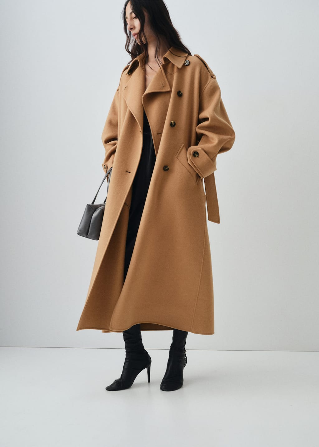 Mango Double-breasted Wool Blend Trench Coat In Brown
