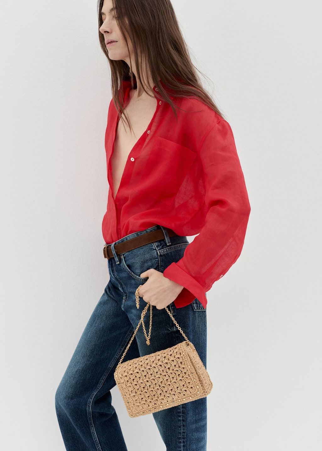 Mango Natural Fiber Shoulder Bag With Studs Beige
