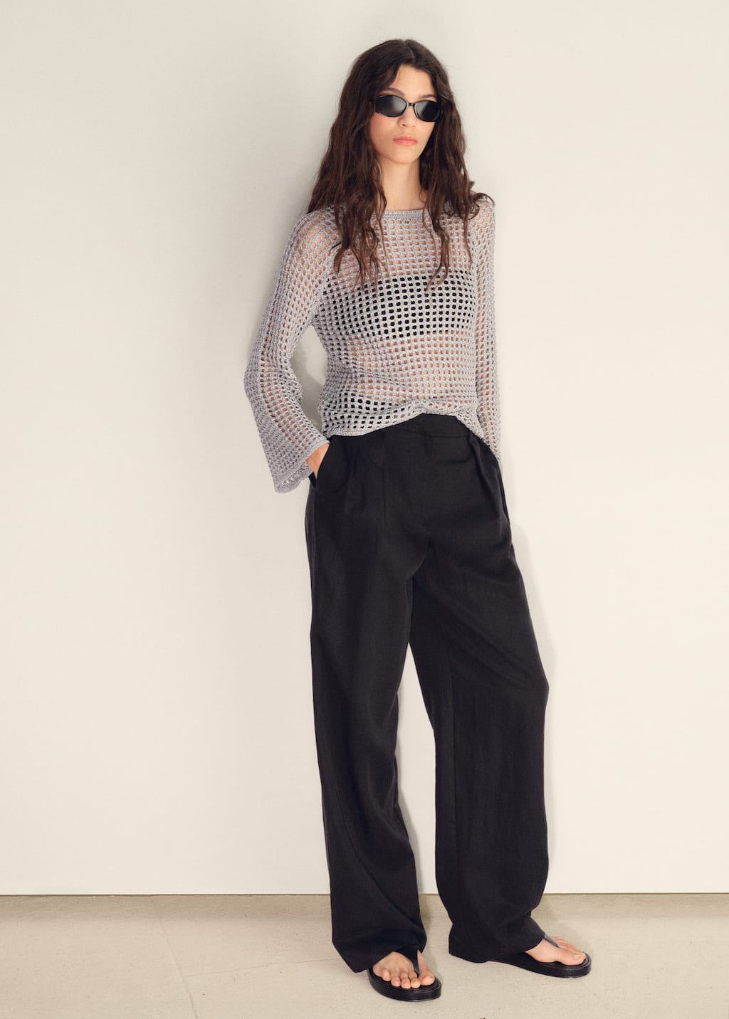 Mango Long-sleeved Crochet Sweater Silver In Silver