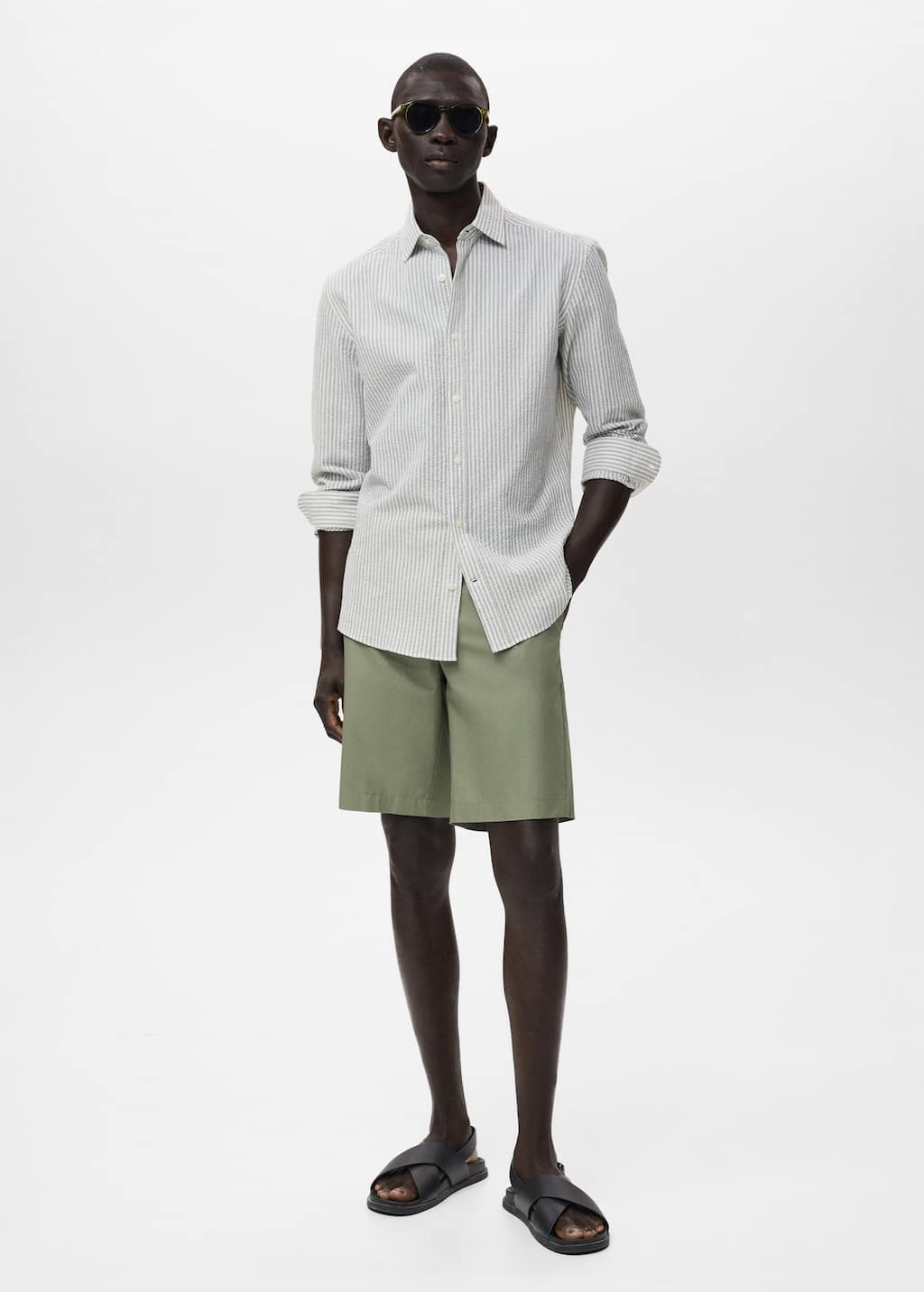 Mango Man Chemise Lin Technique Col Mao Vert Foncé - Homme - Xl -