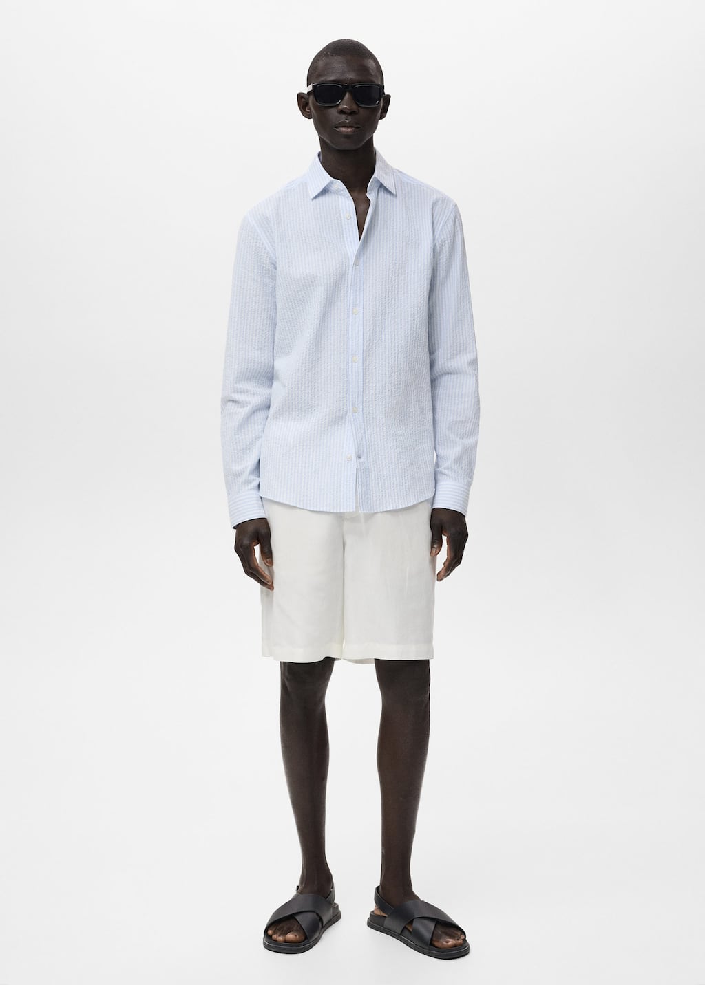 Mango Man Chemise Lin Technique Col Mao Bleu Ciel - Homme - Xl -