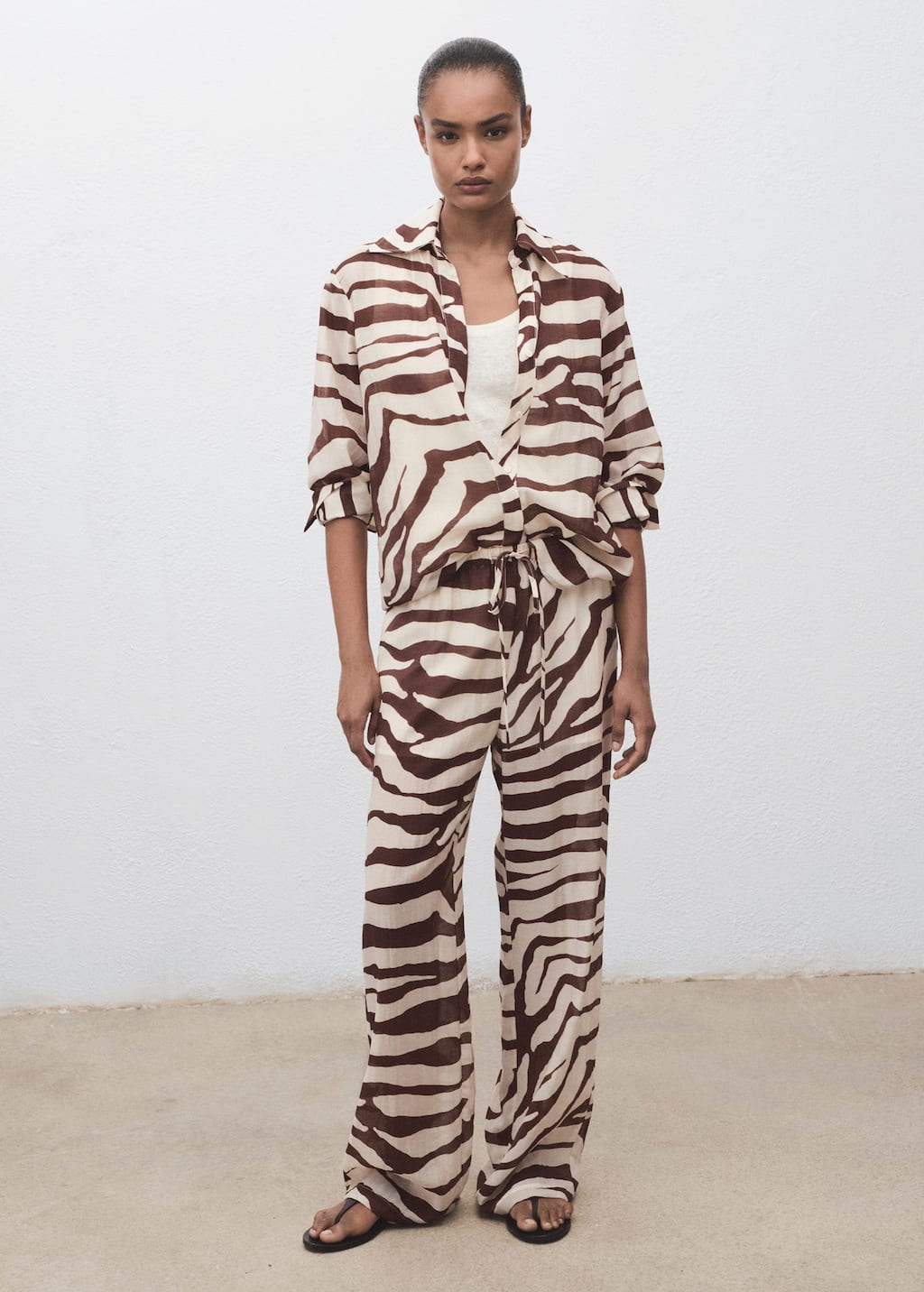 Mango Zebra Print Fluid Trousers Ecru