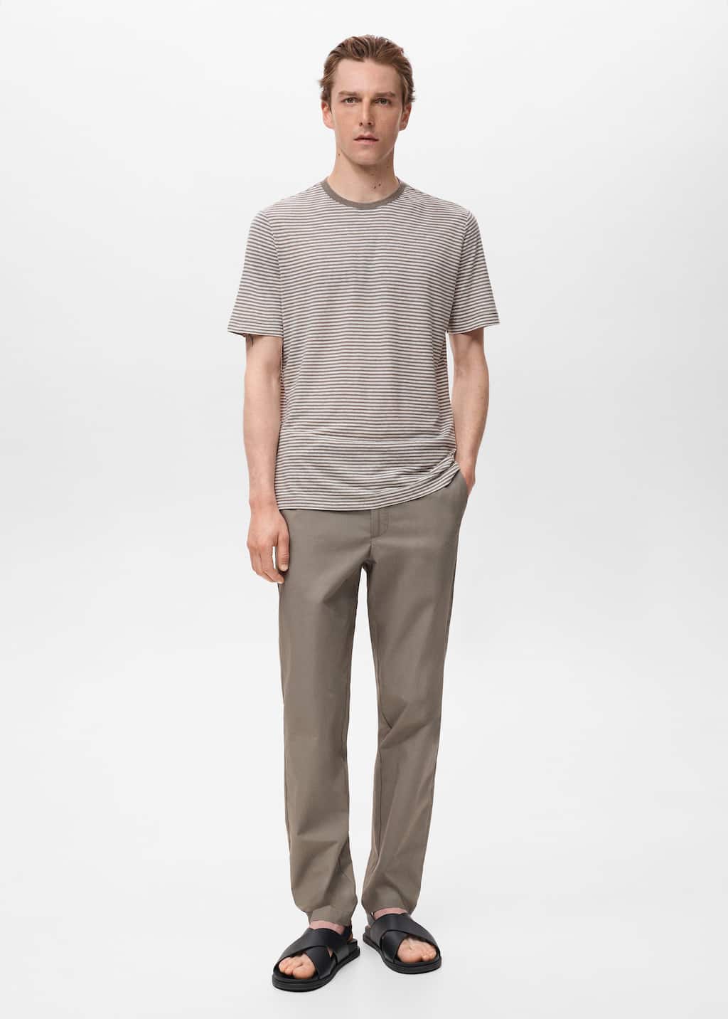 Mango Man Striped Slim-fit Linen T-shirt Off White