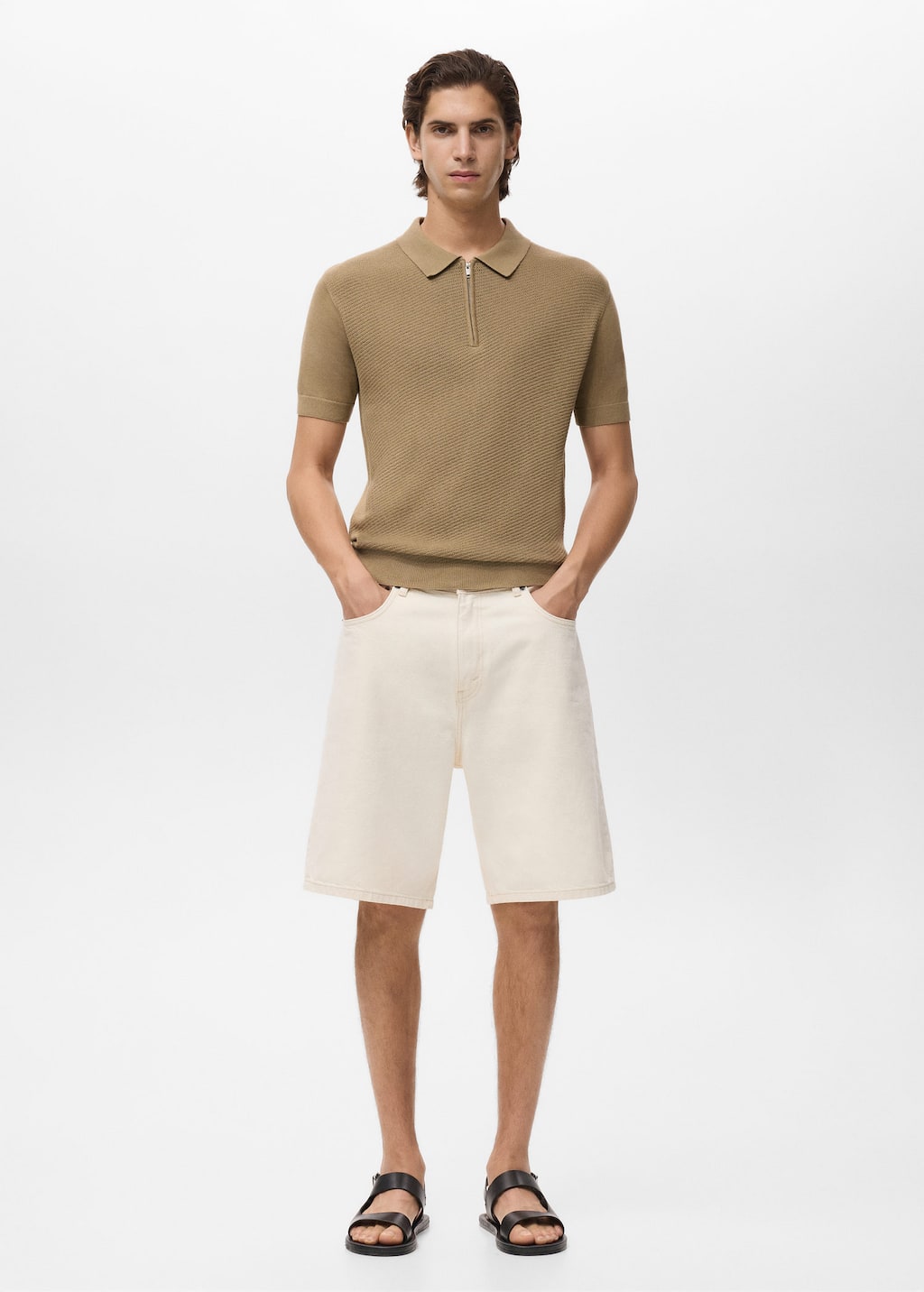 Mango Man Openwork Knitted Polo Shirt With Zip Beige