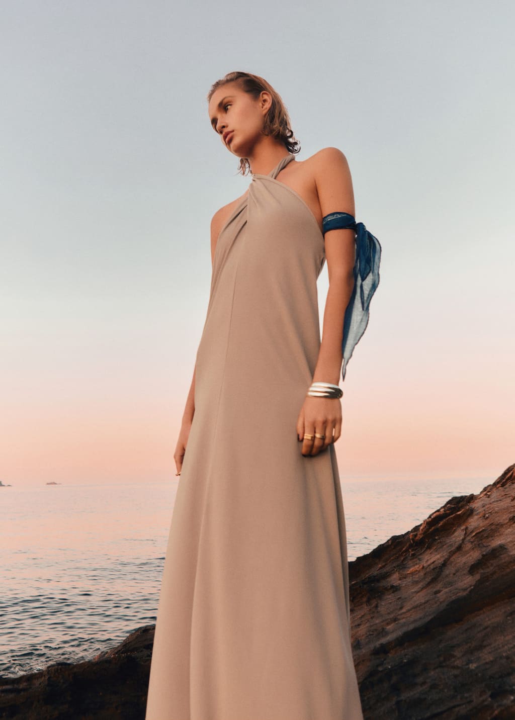 Mango Midi Halter Dress In Gray
