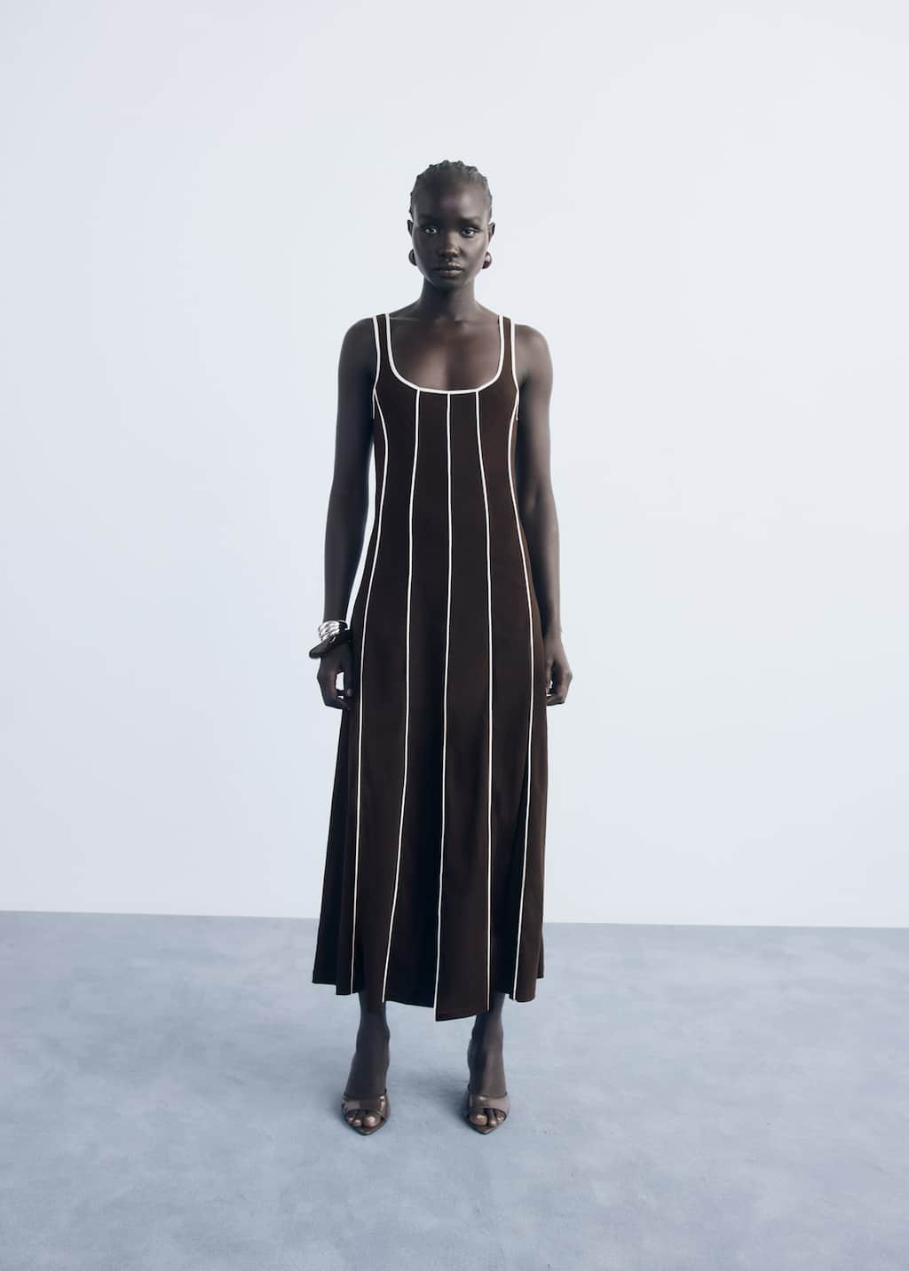 Mango Striped Cotton Dress Brown In Black