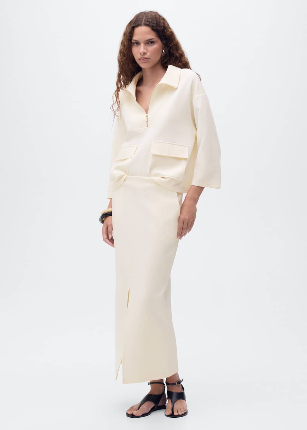 Mango Veste Poches Manches Trois Quarts Écru - Femme - L - In Neutral