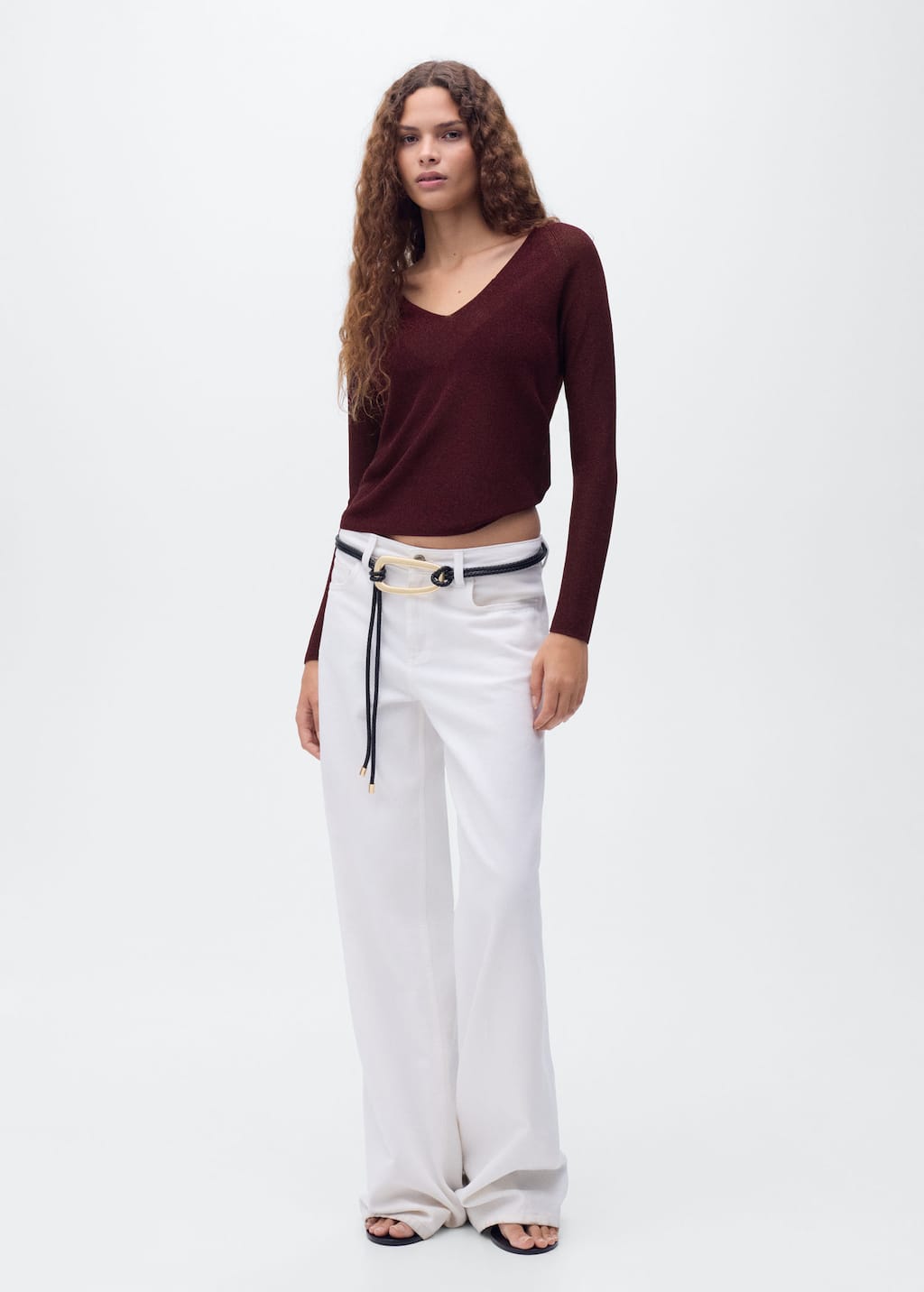 Mango V-neck Lurex Sweater In Burgundy