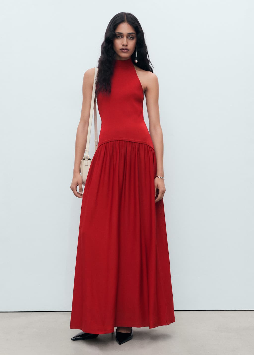 Mango Mixed Knit Halter Dress Red In Red