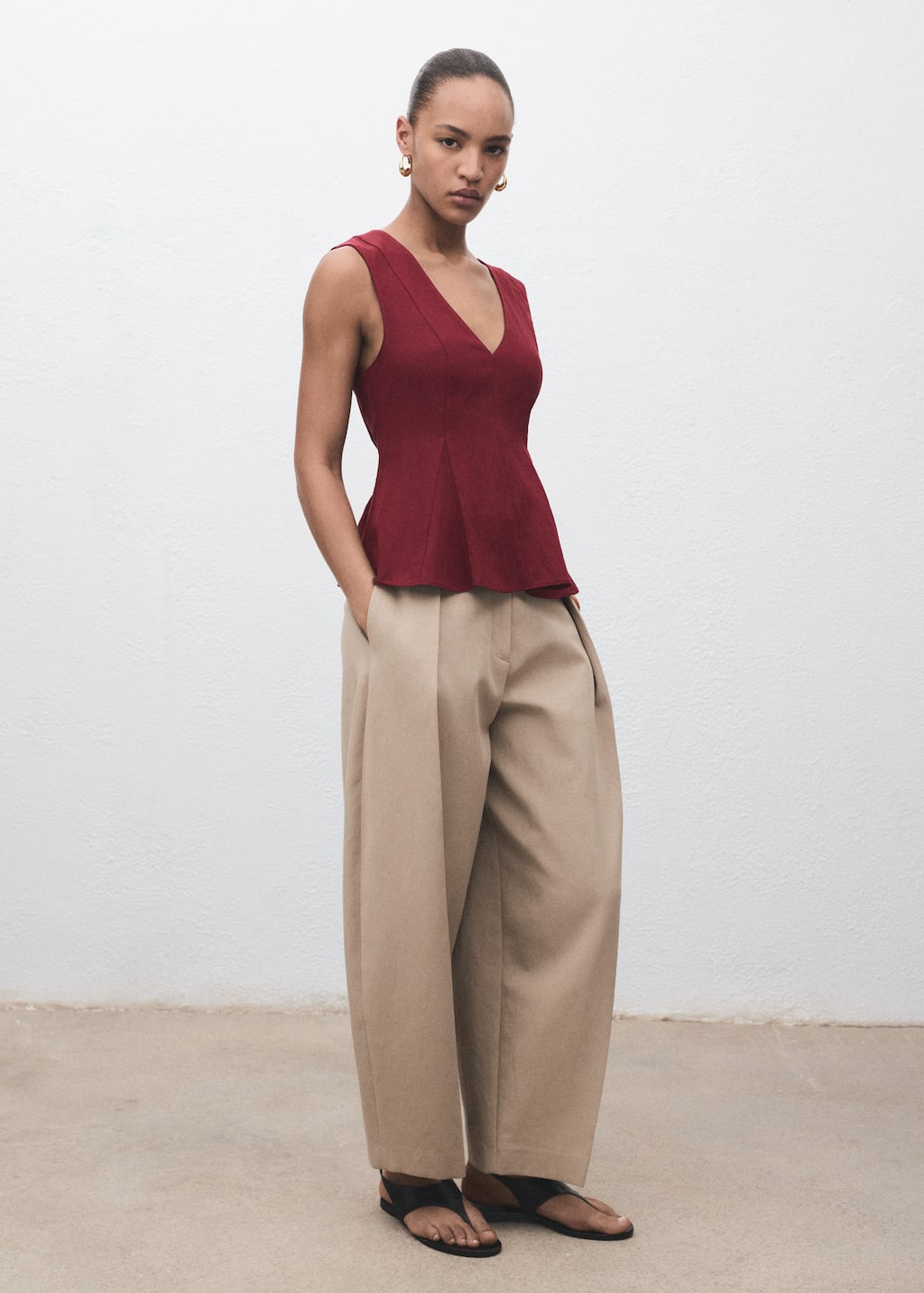 Mango Lyocell Peplum Top In Burgundy