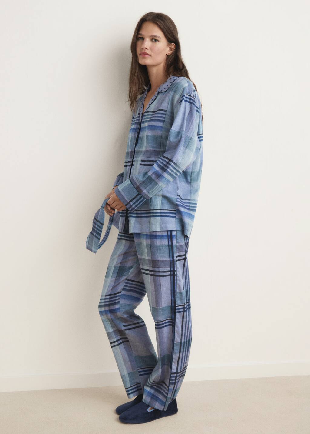 Mango Printed Pyjama Shirt With Piping Ink Blue In Blue