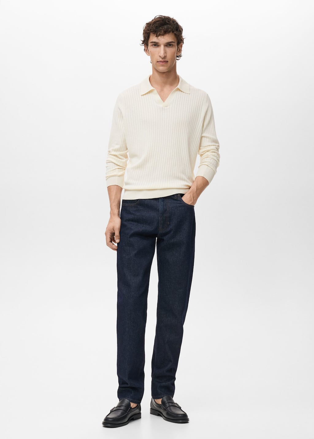 Mango Man Ribbed Knitted Polo Sweater In White