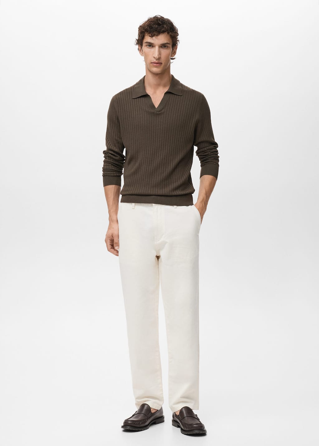 Mango Man Ribbed Knitted Polo Sweater In Brown
