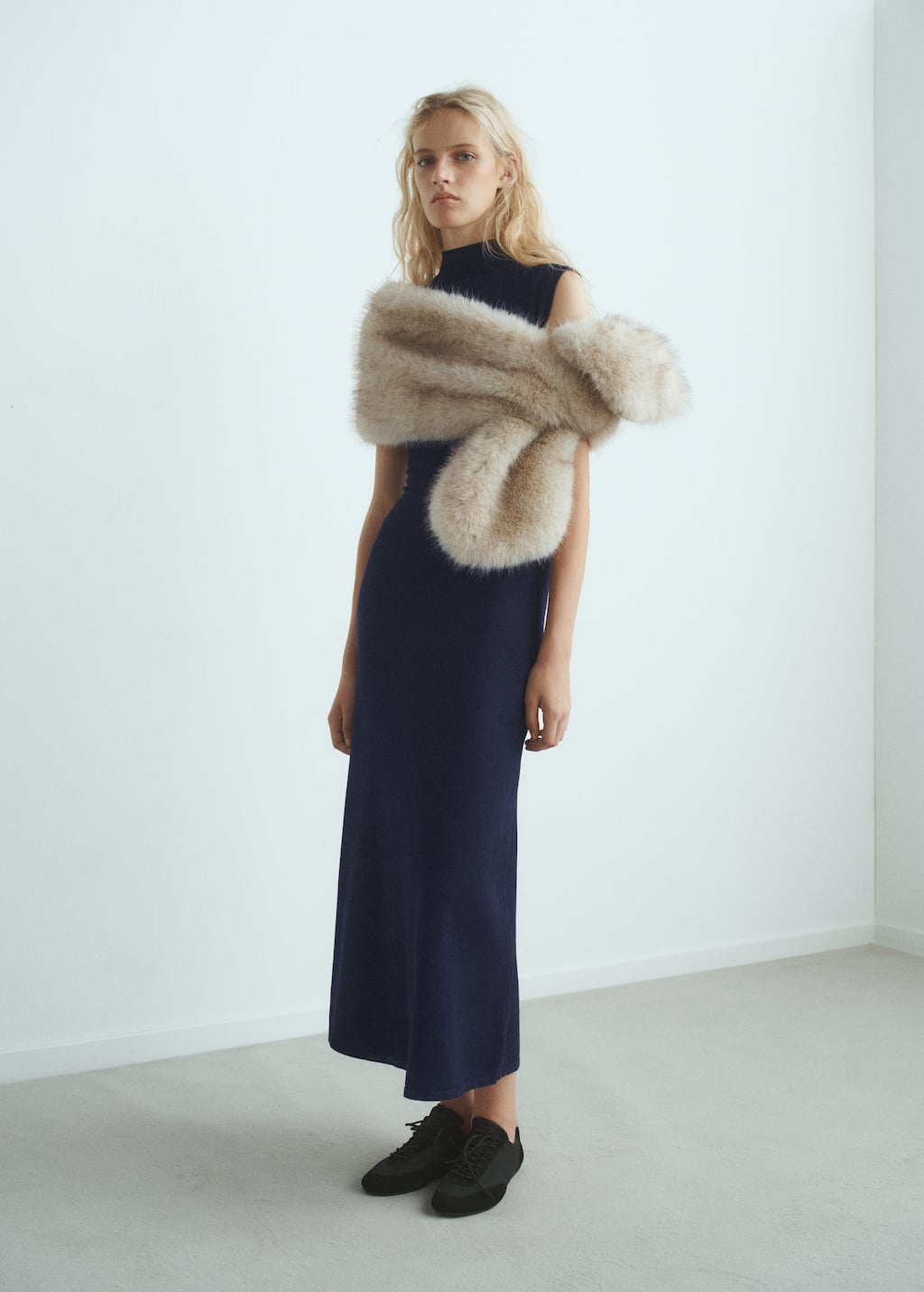 Mango Perkins-neck Knitted Dress Navy In Blue