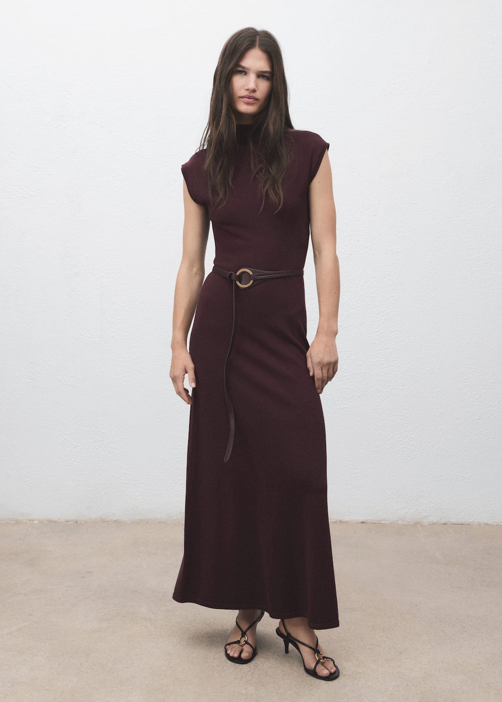 Mango Perkins-neck Knitted Dress Maroon In Brown