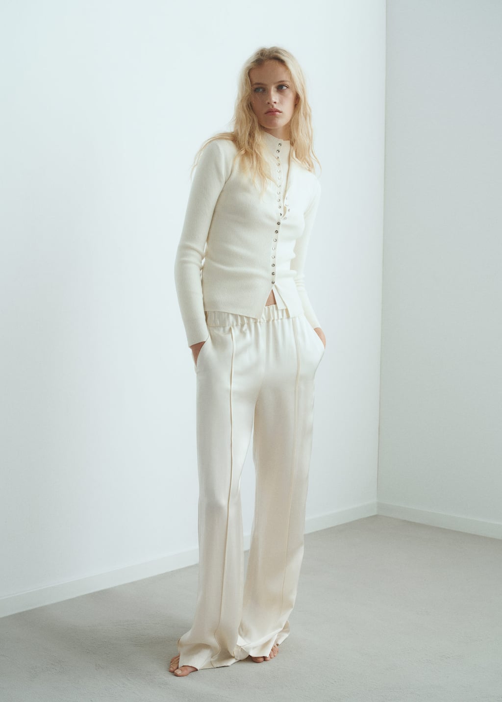 Mango Fine Rib Knit Cardigan Ecru In Nude