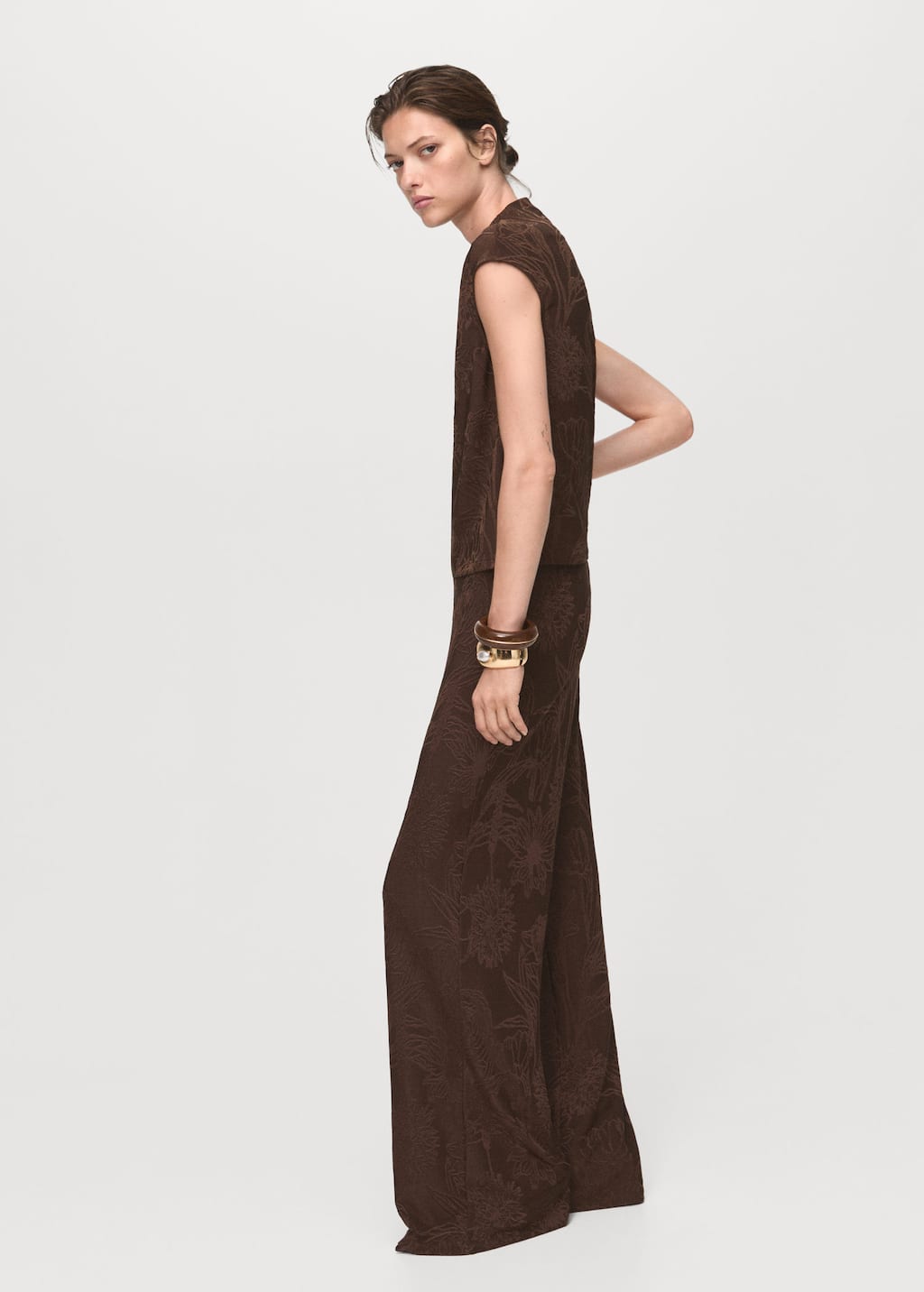 Mango Jacquard Floral-print Straight Trousers Brown