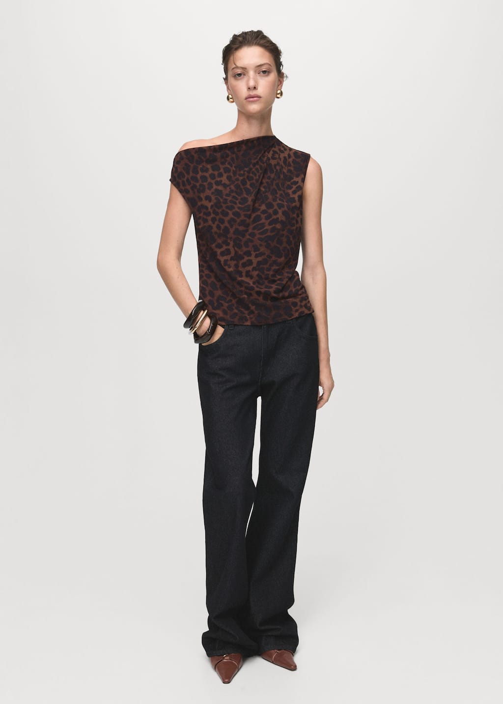 Mango Leopard Top With Asymmetrical Neckline In Brown
