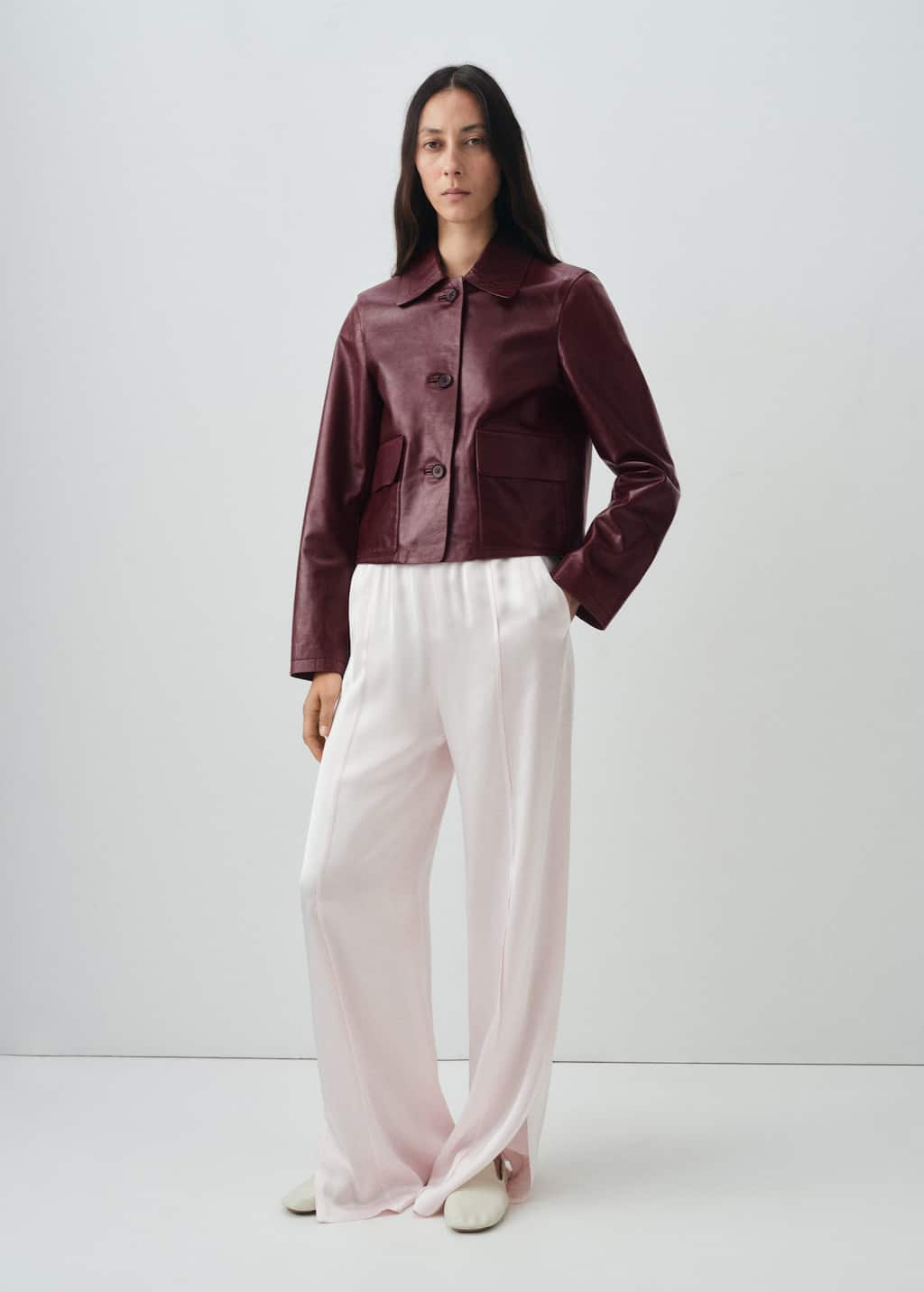 Mango 100% Leather Jacket With Buttons Burgundy