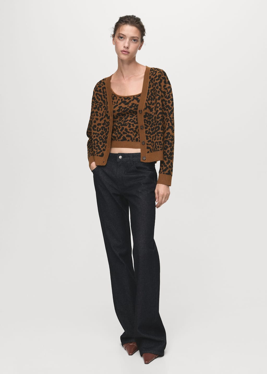Mango Leopard Knit Cardigan Medium Brown In Brown