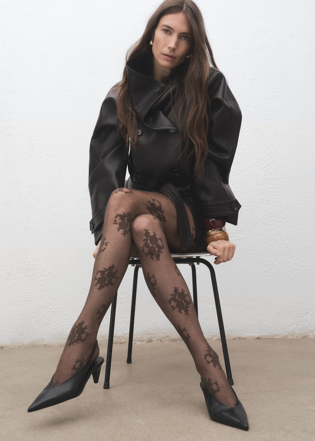 Mango Fine Jacquard Stockings Chocolate In Brown