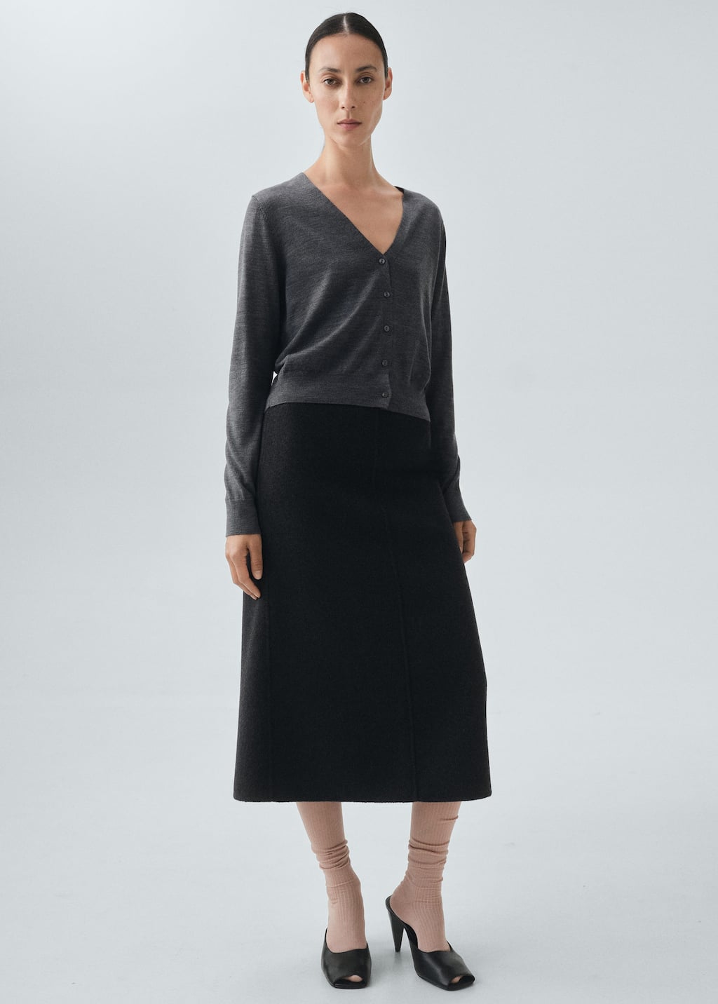 Mango 100% Wool V-neck Cardigan Medium Heather Grey In Gray