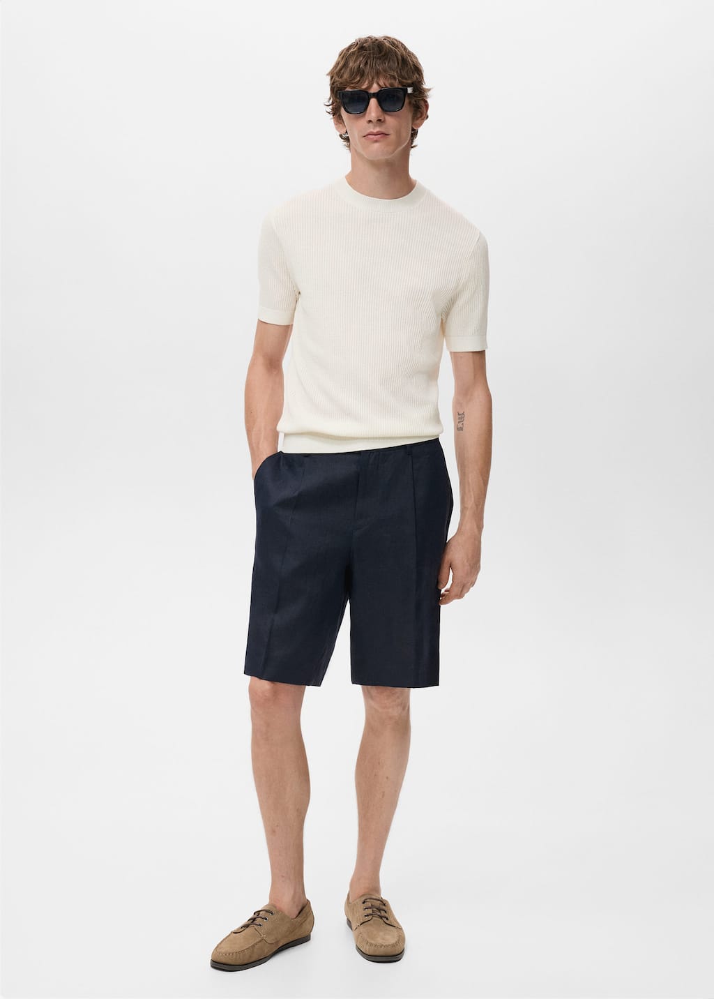 Mango Man Ribbed Knit T-shirt Off White