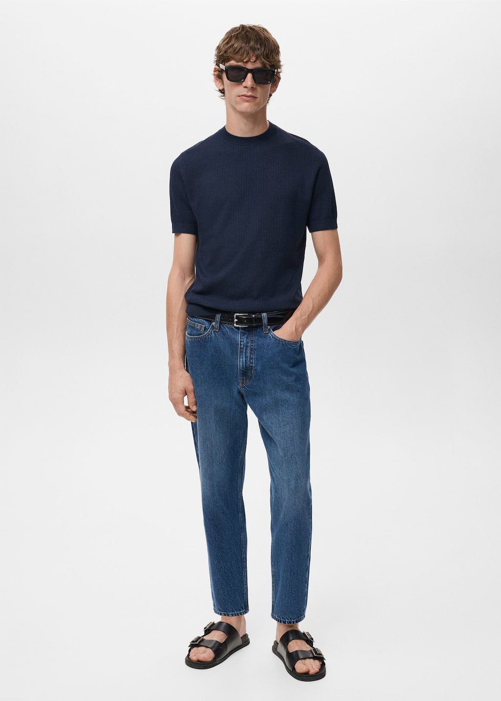 Mango Man Ribbed Knit T-shirt Navy In Gold
