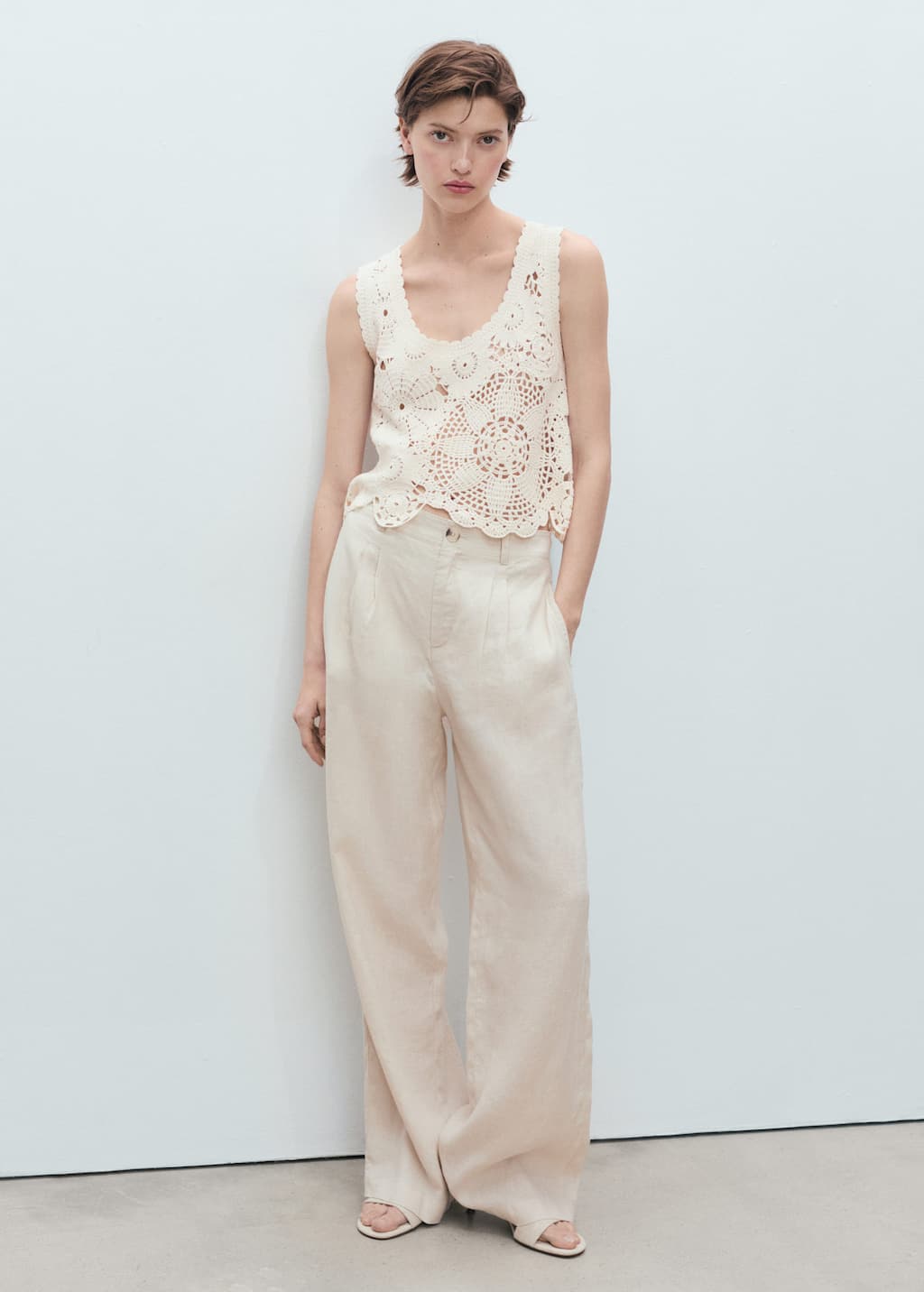 Mango Crochet Top With Flowers Ecru In White