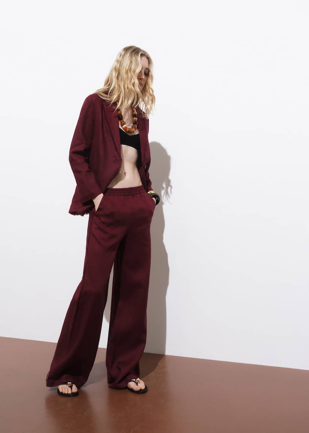Mango Linen Suit Blazer With Frayed Ends Wine