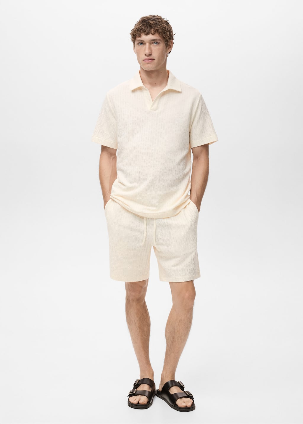 Mango Man Seersucker Cotton Polo Shirt Ecru