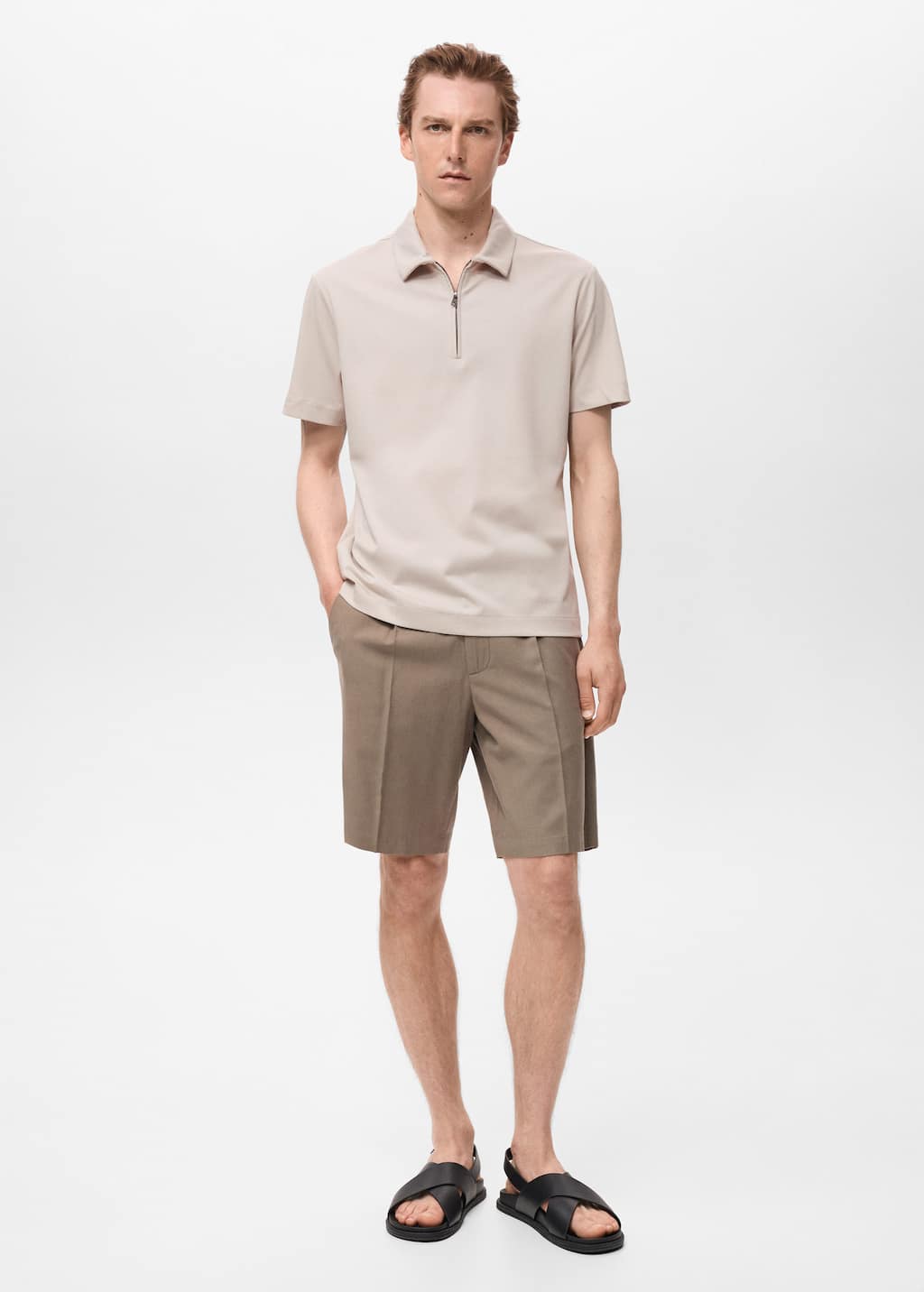 Mango Man Zip Neck Polo Shirt Sand