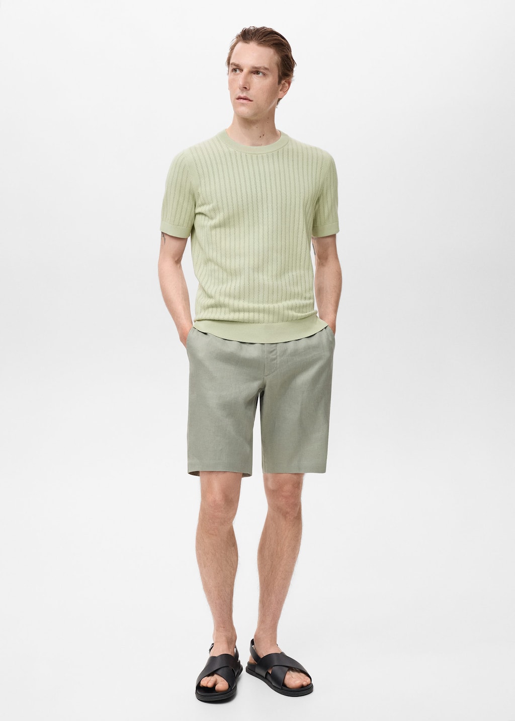 Striped openwork cotton t-shirt green apple - Man - S - MANGO MAN