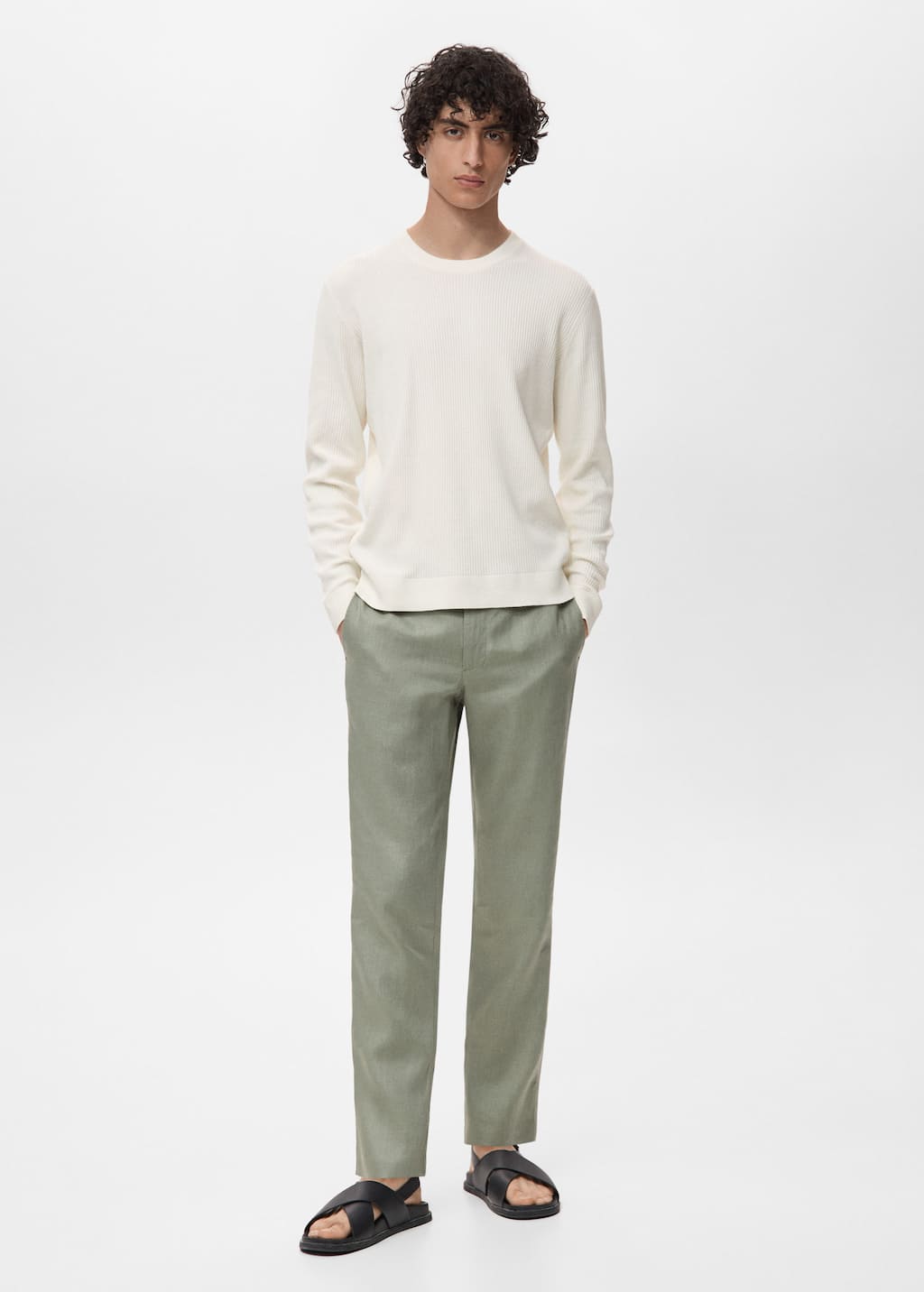 Mango Man Pull Coton Maille Fine Côtelée Blanc Cassé - Homme - Xxl -