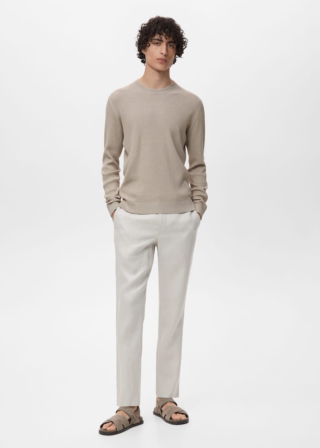 Mango Man Pull Coton Maille Fine Côtelée Beige - Homme - Xxl -