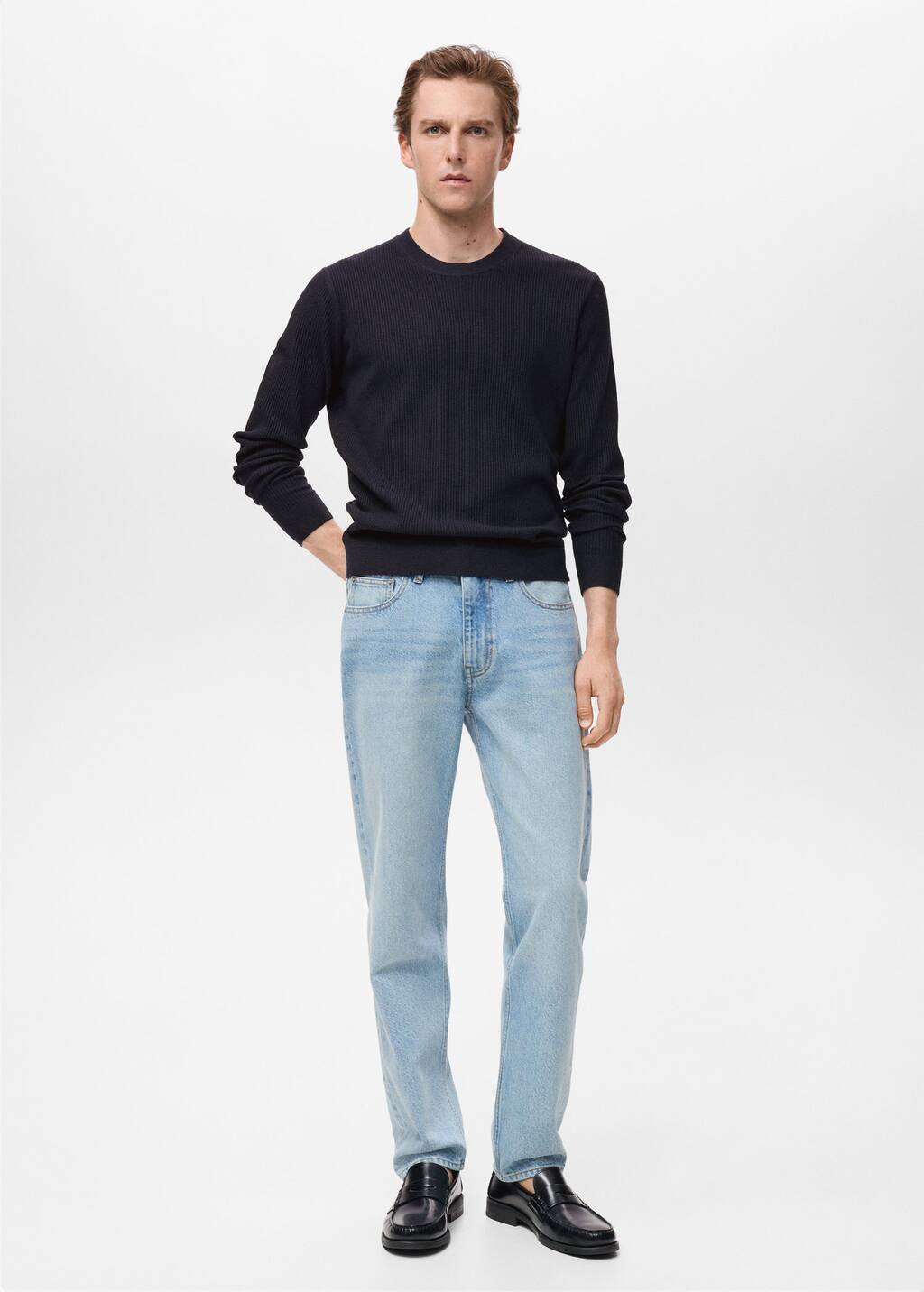 Mango Man Pull Coton Maille Fine Côtelée Bleu Marine Foncé - Homme - Xxl -