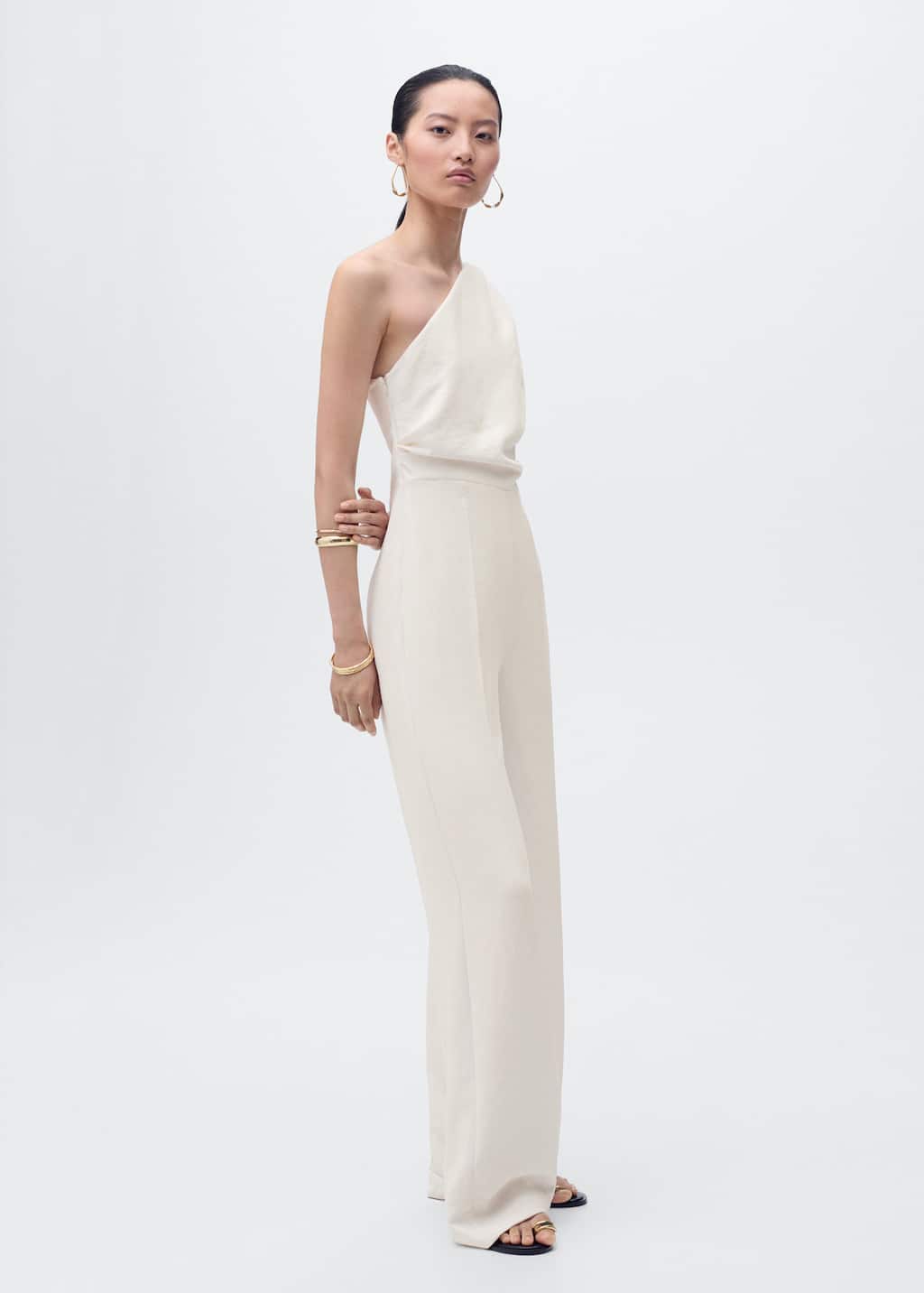 Mango Long Jumpsuit With Asymmetrical Neck In White