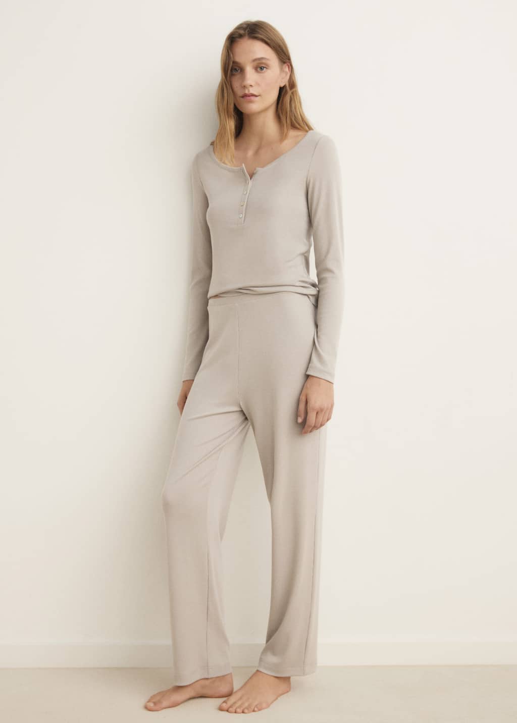 Mango T-shirt Maille Côtelée Boutons Gris Clair/pastel - Femme - L - In Neutral