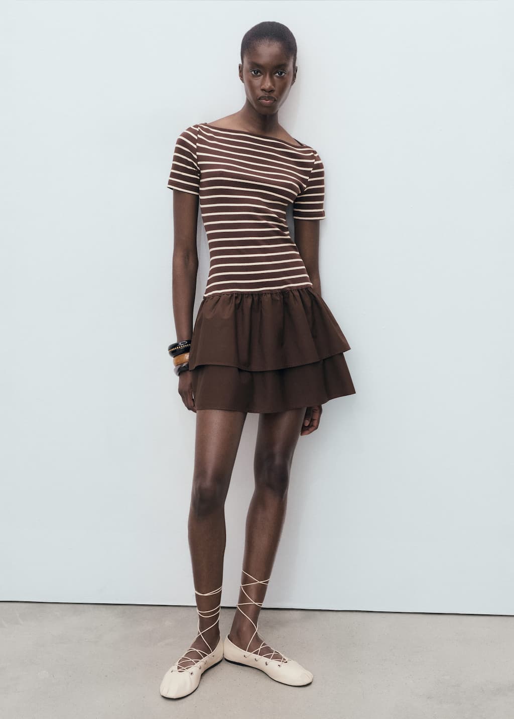 Mango Globi Stripe Layered Ruffle Dress In Brown