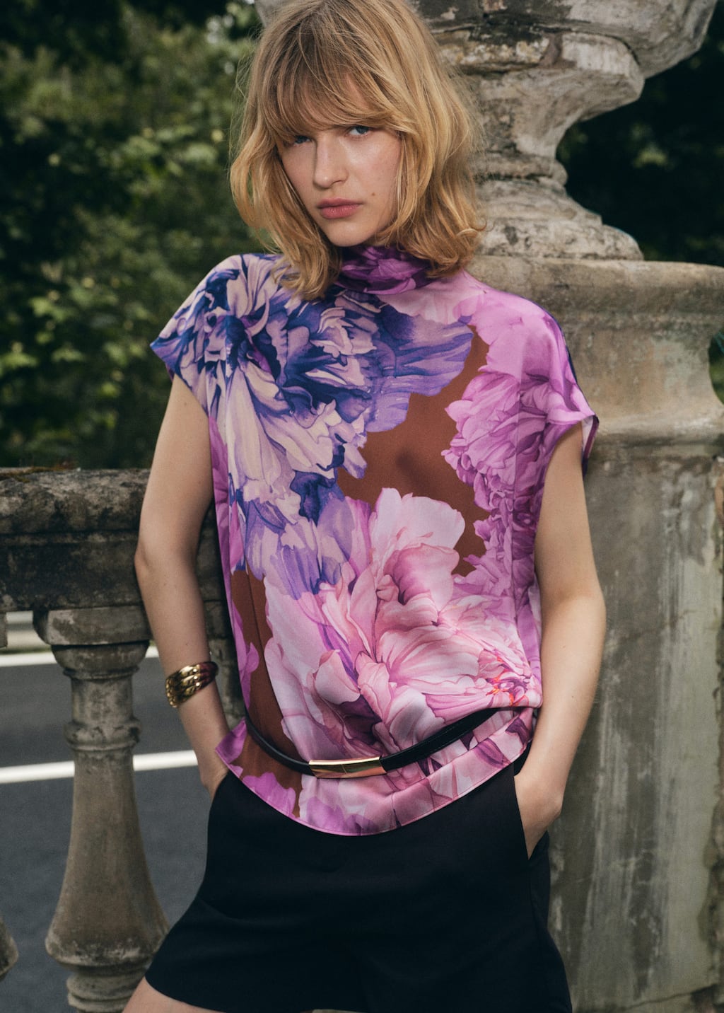 Mango Chemisier Fleurs Avec Foulard Violet - Femme - M - In Purple