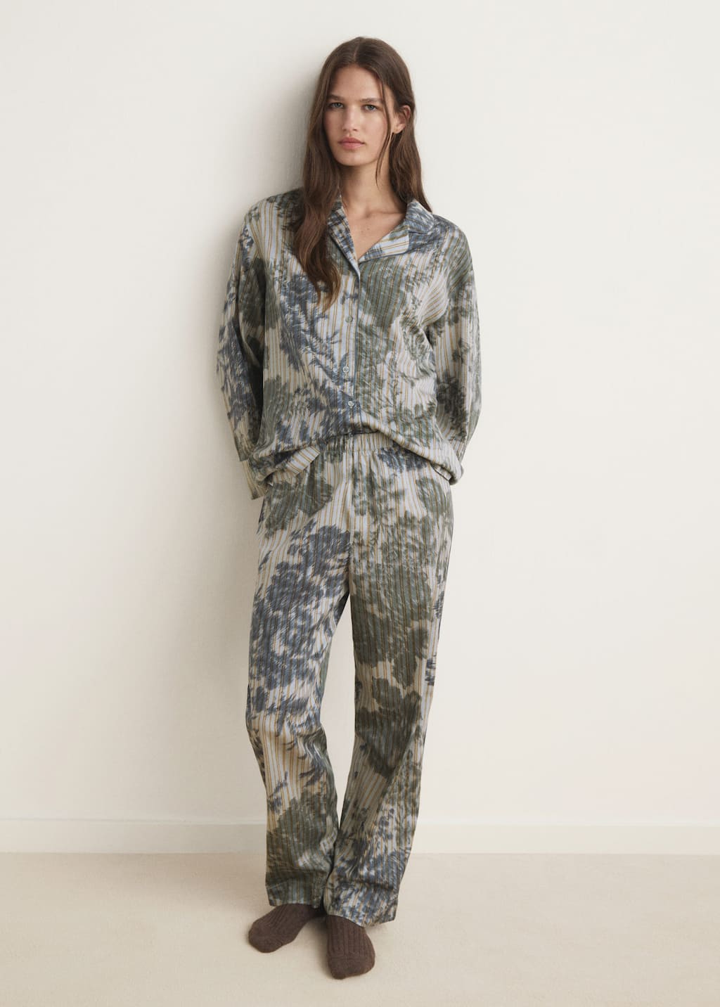 Mango Pyjama Bottoms With Blurred Print Green In Gray
