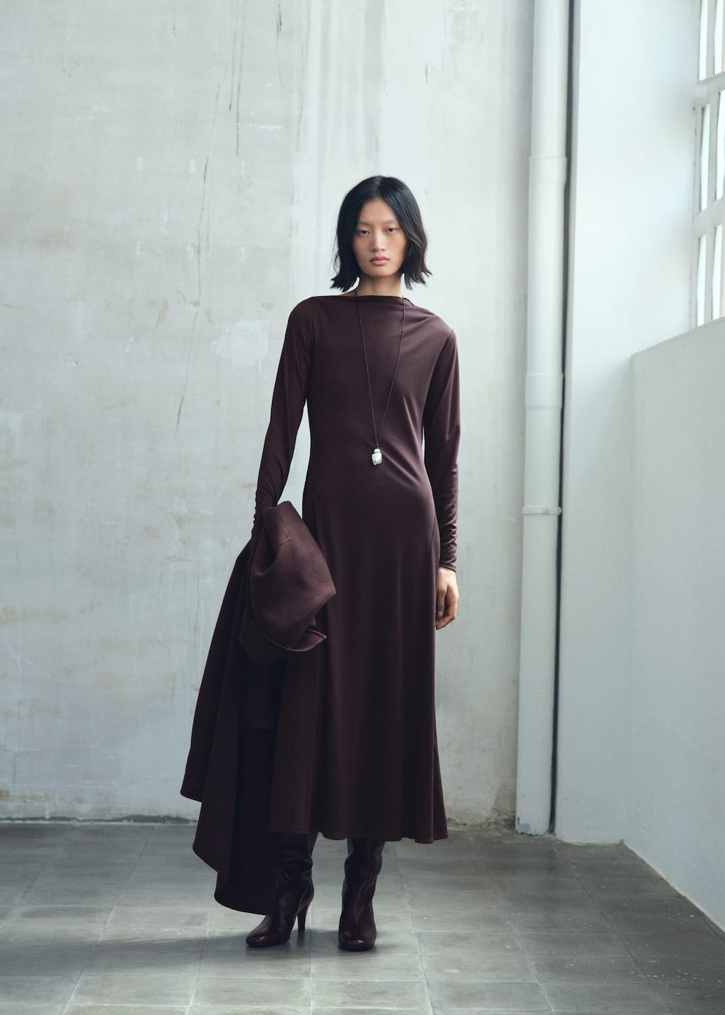 Mango A-line Dress With Asymmetrical Neckline Brown In Black