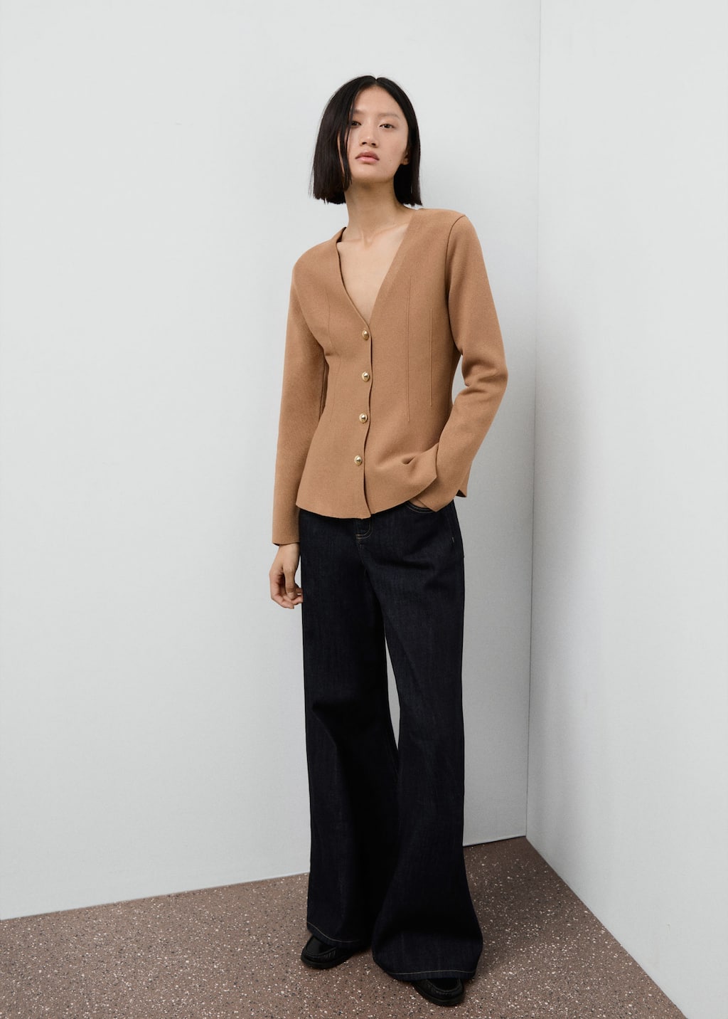 Mango Fitted Knitted Jacket With Buttons Medium Brown