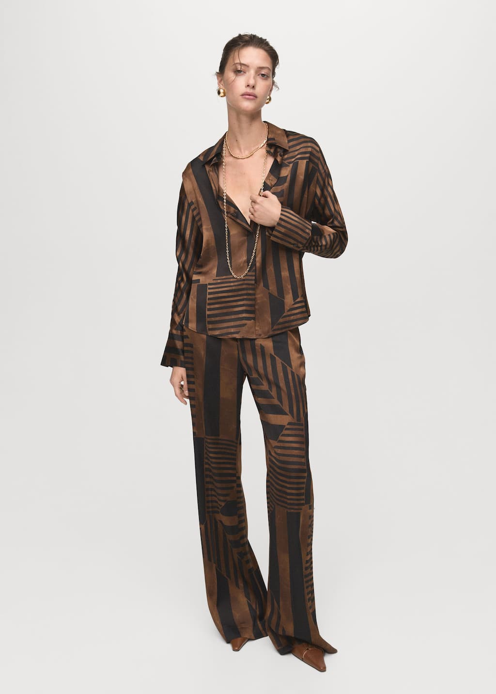 Mango Satin Striped Trousers Brown In Brown